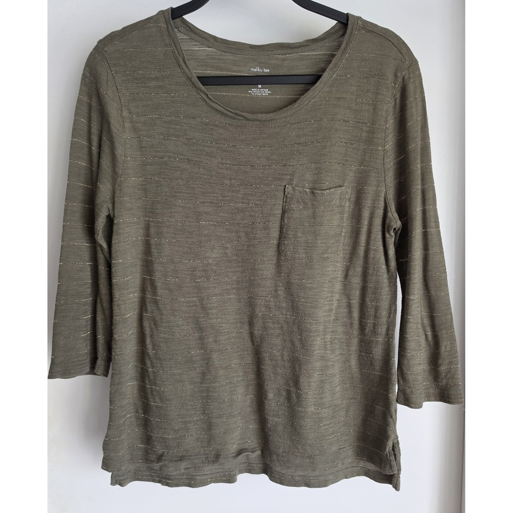 Banana Republic M Striped T-Shirt 3/4 Sleeve Olive Green Casual Top Tee Metallic